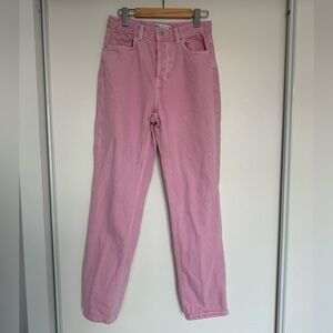 High rise, long length, straight leg jeans